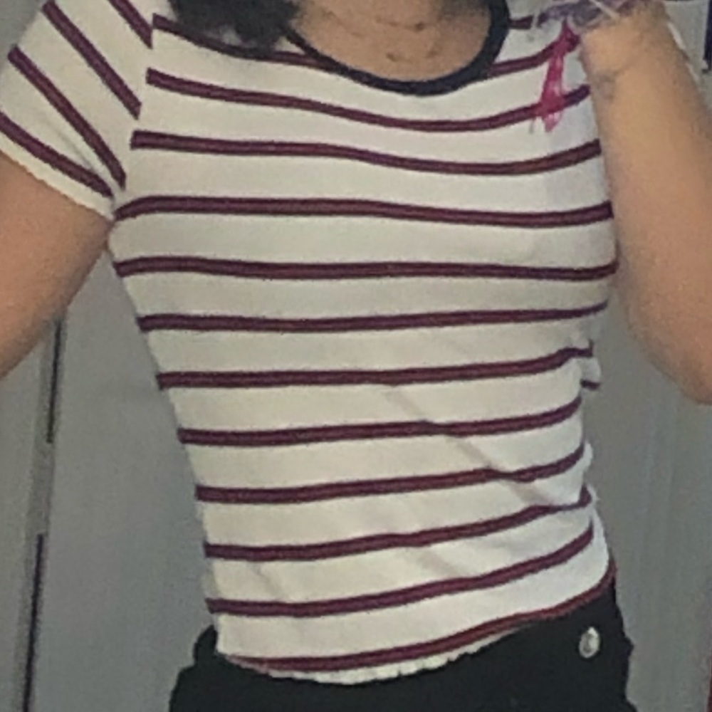 white red and black stripped shirt